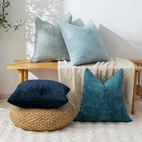 Pack of 4 Throw Pillow Covers 18x18 inch Blue Series Boho Cushion Covers Decorative Farmhouse Pillow Covers for Couch Bed Sofa Living Room Home Decor Soft Square Pillowcase