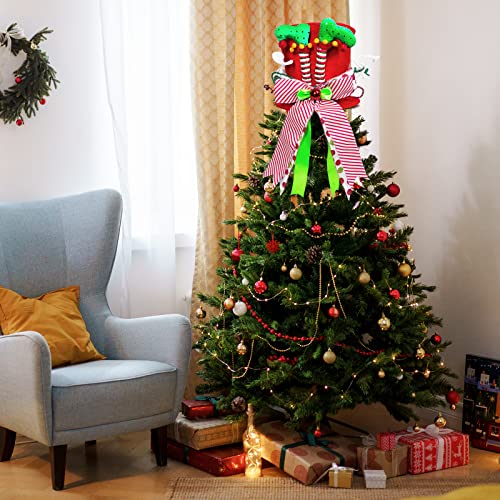 Lordaeron Christmas Tree Topper Hat,Large Red Velvet Hat with Elf Legs and Lengthened Bowknot Christmas Tree Decorations Tabletop Ornaments for Holiday Home Decor