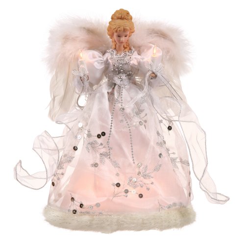 Vickerman Ice Palace Lighted White and Silver Angel Christmas Tree Topper with Clear Lights, 12"