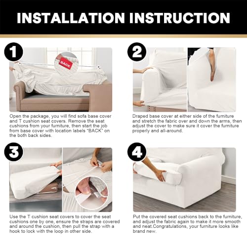 PrinceDeco T Cushion Loveseat Slipcover - 3 Pieces Sofa Cover for 2 Cushion Couch with 2 Individual T Shape Seat Covers Width Up to 76 Inch - Stretch, Machine Washable, Porcelain