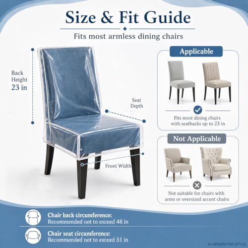 2 Pack Clear Plastic Dining Chair Covers, Waterproof Dining Chair Protectors with Backrest, PE Chair Seat Covers for Kitchen, Dining Room, Kids Messes, Pet Hair, Cat Claws, Fits 21" x 18" Seat