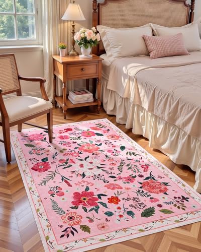 Floral Area Rug for Bedroom, Machine Washable 3x5 Pink Throw Rugs