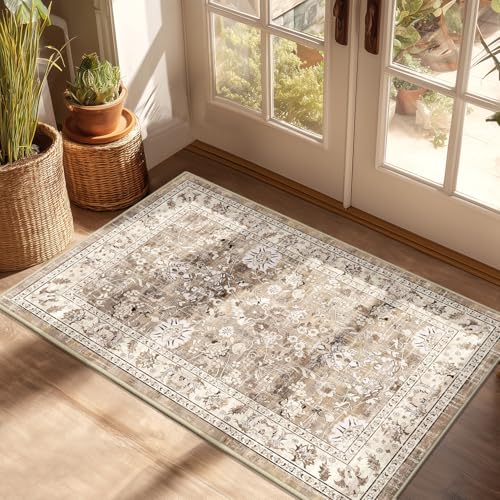 LOKHOM 2x3 Washable Area Rugs, Boho Floral Non-Slip Carpet Rug, Beige