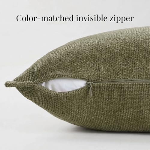 Fancy Homi Set of 2 Olive Green 16x16 Inch Soft Chenille Decorative Throw Pillow Covers with Flange Edge,Square Neutral Modern Boho Textured Cushion Case Home Decor for Couch Sofa Bed Livingroom