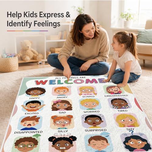 Calming Corner Rug Classroom, Calm Down Corner Rug 4 X 3.3 Ft, Soft Chart Emotion Mental Health Floor Mat for School Bedroom Playroom