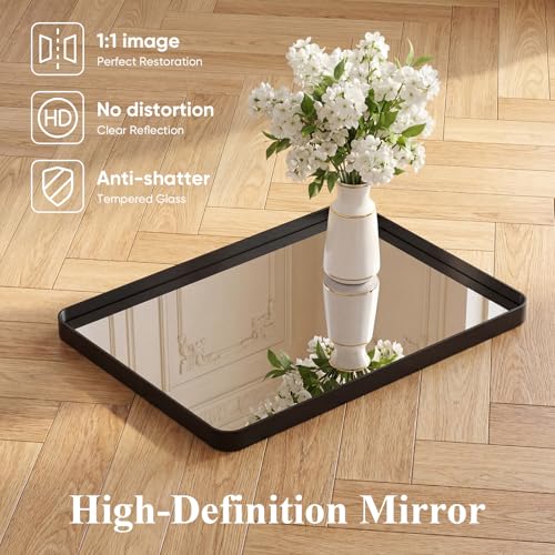 Sweetcrispy Bathroom Wall Mirror, 36x24 Inch Wall Mount Mirror for Over Sink, Modern Rounded Rectangle Vanity Mirrors with Matte Metal Framed, for Home Decor, Living Room, Bedroom, Black