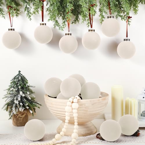 Liliful 15 Pcs Velvet Christmas Balls Bulk Flocked Christmas Tree Ball Ornaments Plastic Xmas Decorative Hanging Ornaments(Creamy White,3.15 Inch)