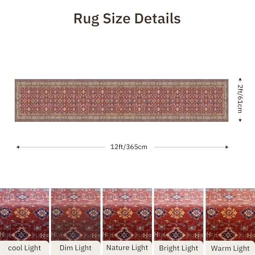 Oriental 2x12 Runner Rug Vintage Hallway Runner Rug Non Slip Machine Washable Stain Resistant Rugs for Bedroom Bedside Kitchen Entryway Burgundy Red Carpet Runners