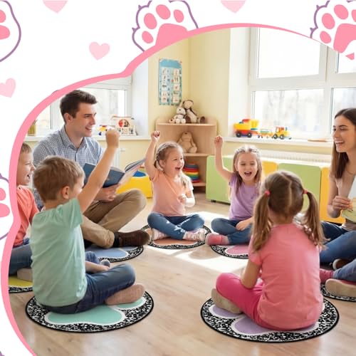 Teenyyou 6 Pcs 16" Dog Paw Classroom Rug Composition Notebook Classroom Rug Boho Pastel Floor Mat Non Slip Floor Mat for Preschool Kindergarden Dog Paw Round Flexible Seats Group Activity Spots Marker