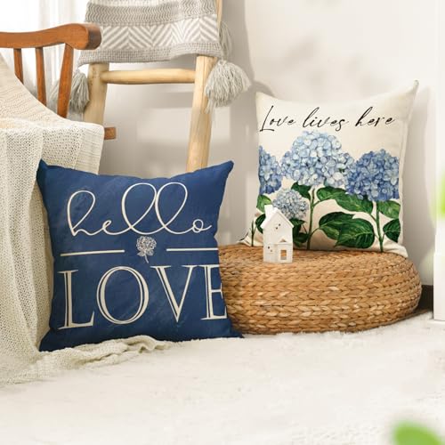 AVOIN colorlife Hello Love Blue Hydrangea Bicycle Throw Pillow Covers, 18 x 18 Inch Flowers Summer Spring Mother's Day Cushion Case for Sofa Couch Set of 4