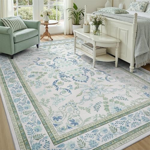 DCX Green 8x10 Rug, Kid & Pet Friendly with Rubber Back Non Slip, Machine Washable Stain Resistant Botanical Floral Rug for Living Room, Bedroom, Soft Low Pile Large Nursery Carpet