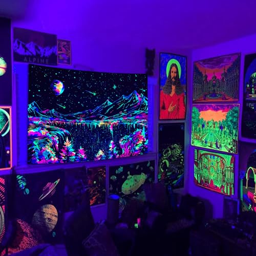 Zussun Blacklight Mountain Tapestry Starry Night Tapestries for Bedroom Aesthetic Moon and Stars Tapastry Wall Hanging Glow in The Dark Nature Forest Wall Tapestry for Living Room Dorm (48'' × 36'')