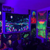 Zussun Blacklight Mountain Tapestry Starry Night Tapestries for Bedroom Aesthetic Moon and Stars Tapastry Wall Hanging Glow in The Dark Nature Forest Wall Tapestry for Living Room Dorm (48'' × 36'')
