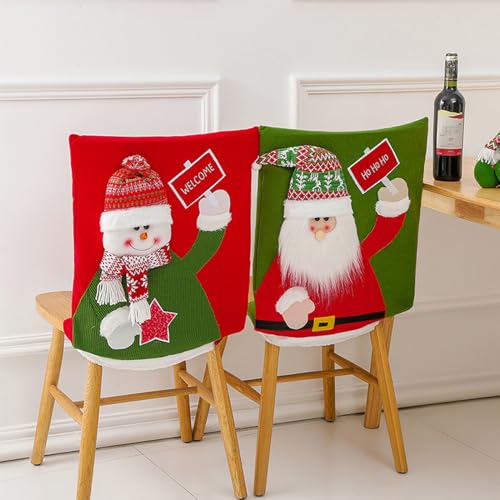 Christmas Chair Back 3D Santa Snowman Chair Slipcovers for Dining Room Restaurant Home Party Christmas Decoration