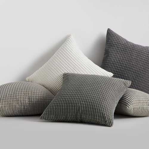 Topfinel Grey Couch Pillow Covers for Living Room 45x45 cm Set of 4,Mid Century Modern White Neutral Corduroy Corn Throw Pillows,Rustic Square Bench Chair Cushion(18 Inch/Grey)