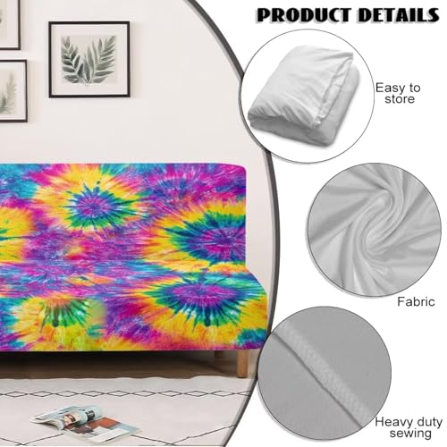 Rainbow Tie Dye Print Stretch Armless Futon Cover Sofa Couch Slipcovers Folding Armless Sofa Bed Slipcovers Furniture Protector Machine Washable
