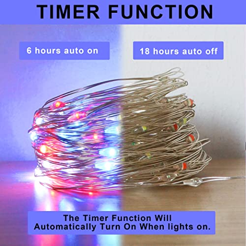 Yayfazy 4th of July Decorations Outdoor/Indoor Timer Fairy String Lights,2PACK Each 100Led Copper Red/White/Blue IP67 Waterproof Battery Operated Patriotic Lights for Memorial Day,Independence Day
