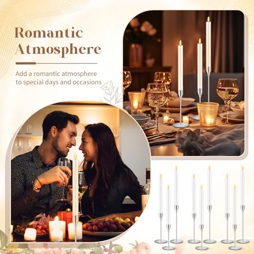 FillTouch 30 Pcs Silver Candlestick Holder with Flameless Taper Candle Bulk