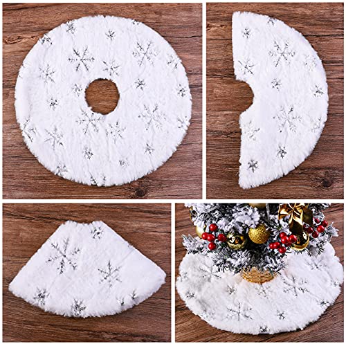 URATOT 2 Pack 15 Inches Mini Christmas Tree Skirt White with Silver Snowflake Tree Mat Faux Fur Plush Xmas Tree Skirt for Christmas Holiday Party Indoor Outdoor Home Decoration