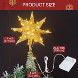 JOIEDOMI 7.8" Metal 3D Star Christmas Tree Topper Golden Glitter Decorations with 56 LED Warm White with Plug Timer Ornaments Treetop Home Holiday Party Indoor Decor