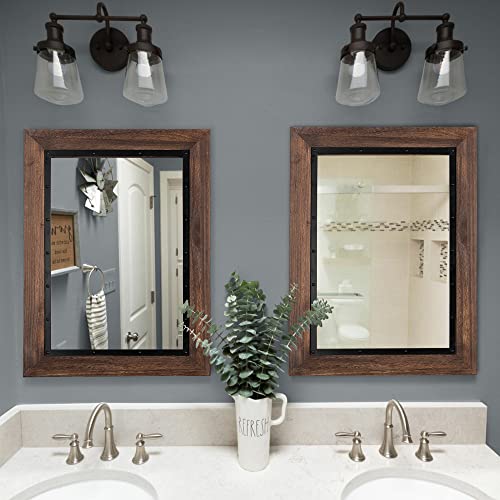 YOSHOOT Rustic Wooden Framed Wall Mirror, Natural Wood and Iron Bathroom Vanity Mirror for Farmhouse Decor, Vertical or Horizontal Hanging