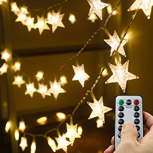 Star String Lights,16.4 ft 50 LED 8 Modes Battery Operated String Lights with Remote & Timer Dimmable Twinkle Fairy Lights String for Kid Bedroom Tent Party Wedding Christmas Decor Warm White
