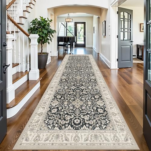 4x12 Rug Runner Non Slip: Washable Area Rugs for Wide Hallway - Soft Vintage Farmhouse Runners for Kitchen Bedroom Dining Room Living Room Office - Stain Resistant Low-Pile Thin Carpet Black Beige
