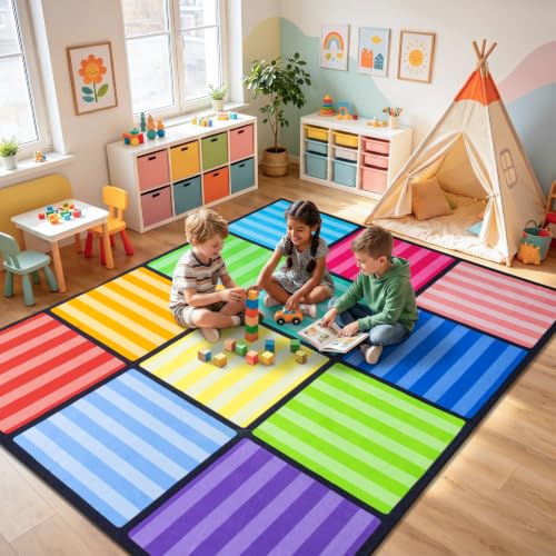 WISH TREE Color Striped Non Slip Washable 12 Seats Classroom Rug with Rubber Backing, Low Pile Kids Carpet for Preschool Kindergarten Elementary Playroom, 6x9 Feet