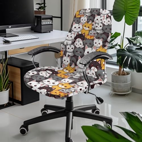 Cartton Cat Office Chair Cover Stretch Slipcover for Desk Chair Easy to Remove and Wash Furniture Protector Dust Cover for Universal Rotating Boss Computer Armrest Chairs