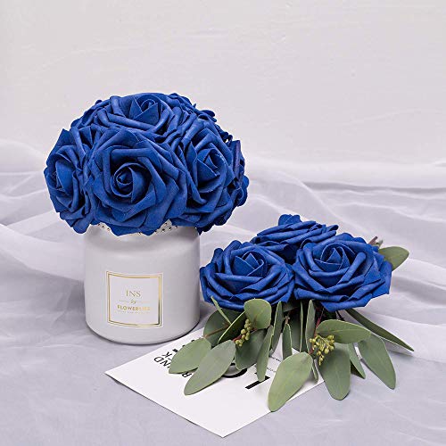 Higfra Artificial Flowers 25pcs Real Looking Royal Blue Foam Fake Roses with Stems for DIY Wedding Bouquets White Bridal Shower Centerpieces Arrangements Mothers Day Party Tables Decorations