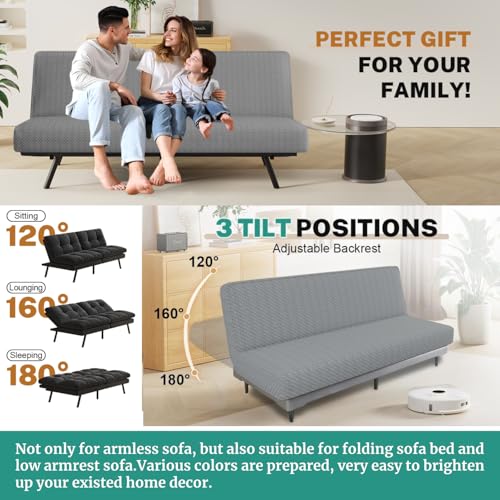 YEMYHOM Futon Cover Latest Jacquard Design High Stretch Armless Sofa Bed Slipcover Anti-Slip Furniture Protector with Elastic Bottom (Futon, Light Gray)