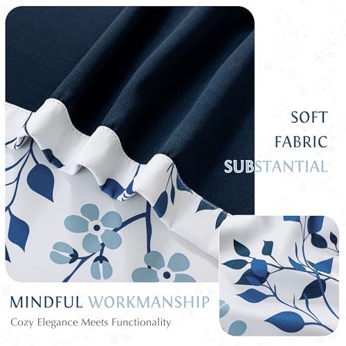 Beauoop Floral 100% Blackout Curtains 84 Inches Long 2 Panels for Bedroom Living Room Navy Blue and White Flower Patterned Room Darkening Thermal Soundproof Rod Pocket Back Tab Window Drapes, 52X84