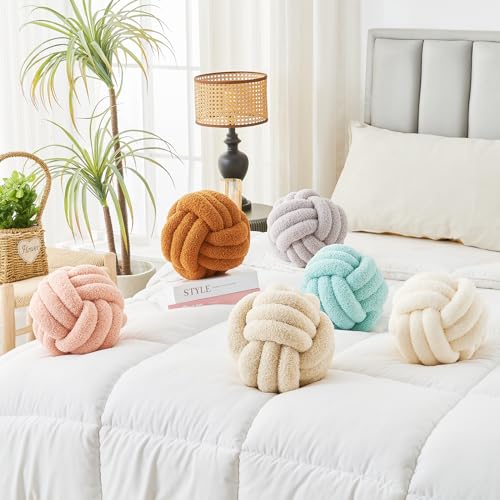 LUSJNGE Decorative Throw Knot Pillow Ball for Home Chair Sofa Couch Bed Aesthetic Round Decor Pillows Lambswool Knotted Pillow Cushion (Beige, 13 inches)