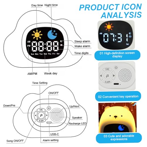 Sleep Trainer Clock for Kids, Bedside Cute Alarm Clock with Night Light Rechargeable Digital Clocks for Girls & Boys, Bear