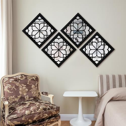ZEXUIRU 4 Set Rustic Wall Mirrors for Bedroom Bathroom Living Room Entryway Wood Farmhouse Square Easy to Hang Framed Decorative Accent Hanging Wall-Mounted Mirror Set for Living Room - Black