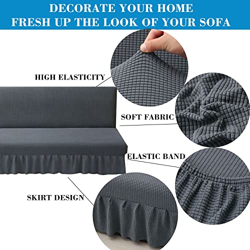 HFCNMY Stretch Armless Futon Cover with Skirt Knitted Jacquard Futon Sofa Bed Cover Machine Washable Futon Couch Cover Futon Sofa Cover Furniture Bed Protector with Elastic Bottom (Dark Gray)