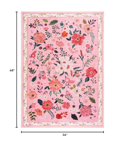 Floral Area Rug for Bedroom, Machine Washable 3x5 Pink Throw Rugs