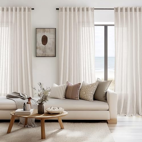 ANRODUO Ivory Cream Linen Curtains 96 inches Long 2 Panels for Bedroom Living Room Back Tab Semi Sheer Privacy Linen Burlap Window Drapes Neutral Modern Long Curtains for Sliding Glass Door