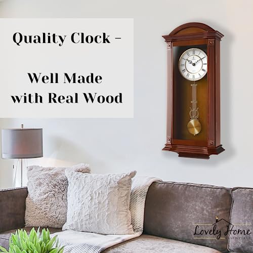 Pendulum Wall Clock Battery Operated - Large, Wooden Hanging Grandfather Wall Clock with Pendulum, 27x11 - Quiet, Made with Real Wood for Living Room Decor, Office & Home Décor Gift
