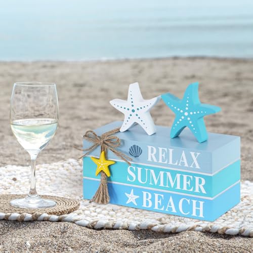 Beach Summer Table Decor, Starfish Wooden Stacked Books Sign for Ocean Tiered Tray Decorations, Coastal Nautical Shelf Table Centerpiece for Home, Room, Mantel, Tabletop, Farmhouse Gift