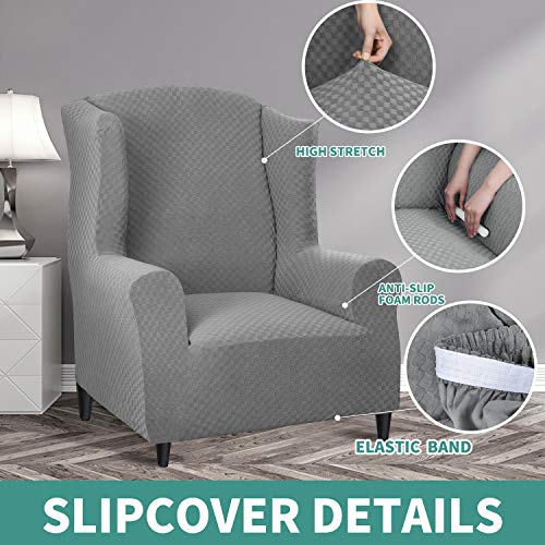 YEMYHOM 1 Piece Stretch Wingback Chair Slipcover Latest Jacquard Design Wing Chair Cover Non Slip Furniture Protector with Foam Rods for Living Room (Wing Chair, Light Gray)