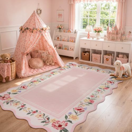 Lahome Girls Bedroom Rug 5x7, Pink Scalloped Floral Area Rug