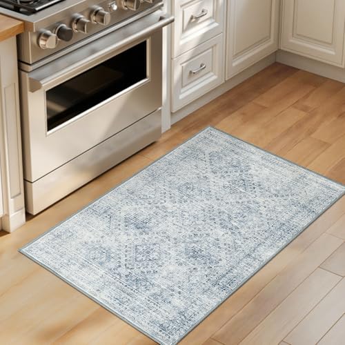 MIULEE 2x3 Washable Entry Rug Door Mat Indoor Entrance, Small Rug for Kitchen Bathroom Bedroom, Non-Slip Stain Resistant Throw Carpet Boho Entryway Decor, Blue