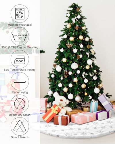 COOLWUFAN 48 Inches Faux Fur Christmas Tree Skirt for Xmas Tree Holiday Party Decorations White Plush Silver Sequin Snowflake (Silver)