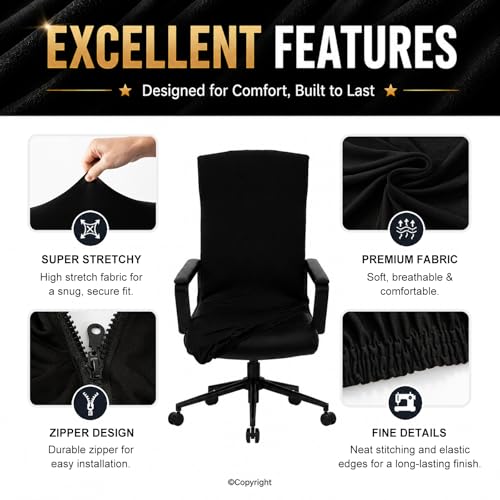 Water Resistant Stretch Computer Office Chair Cover with Durable Zipper Universal Washable Removable Spandex Rotating Boss Chair Slipcovers Anti-dust Soft Desk Chair Seat Protector for Dogs Cats Pets