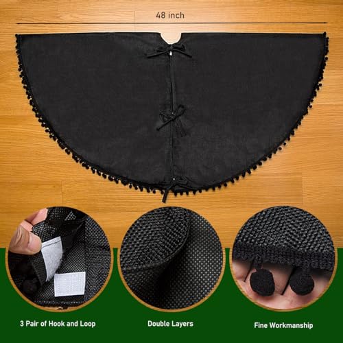 Christmas Tree Skirt, Black Christmas Tree Skirt 48 inches Soft Double Layer Burlap Tree Skirt with Pom Pom for Rustic Christmas Halloween Decorations