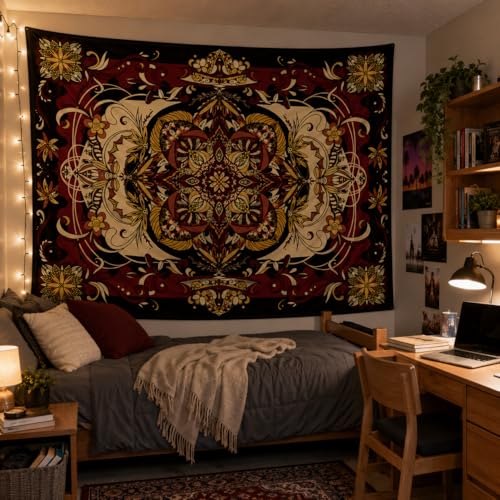 CHDGDHC Red Moth Tapestry, Boho Mandala Wall Decor, 79.92x59.84 in | Boho red moth mandala tapestry for bedroom walls, dorm decor, living rooms, and hippie psychedelic aesthetic spaces.