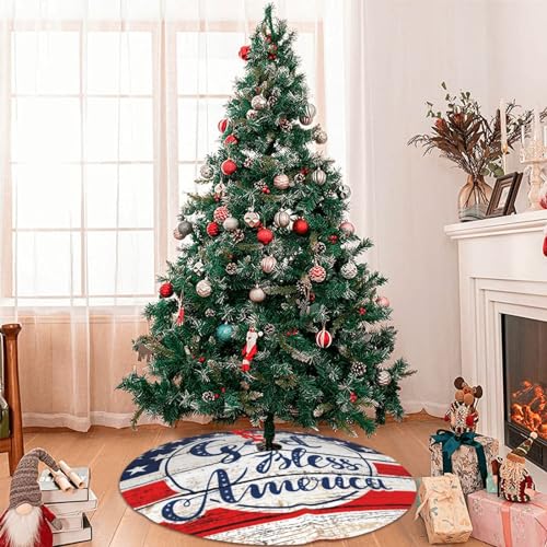 Patriotic God Bless America July 4th American Flag 36 Inch Christmas Tree Skirt Carpet Mat Funny Party Decor Supplies for Xmas Halloween Decorations Occasion
