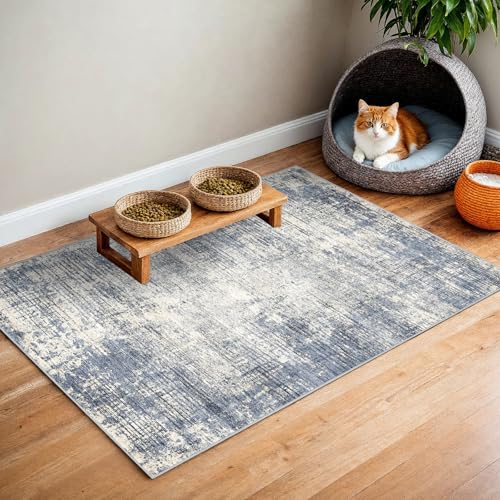 Washable Entryway 2x3 Area Rug: Small Abstract Kitchen Rugs for Indoor Bathroom Entrance Non Slip Door Mat with Rubber Backing Ultra Thin Soft Carpet for Bedroom Pet Feeding Area (Blue Gray,2x3)