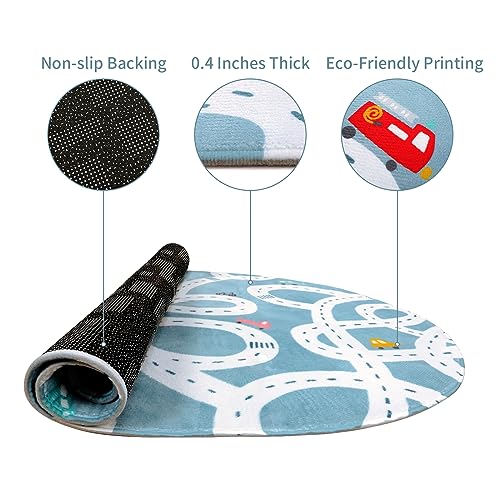 LIVEBOX Large Washable Kids Rug, 4'x6' Non-Slip Car Road Rug for Playroom, Fun Kids Room Rugs for Bedroom, Blue Road Carpet Indoor Kid Play Mat for Toy Toddler Room Classroom